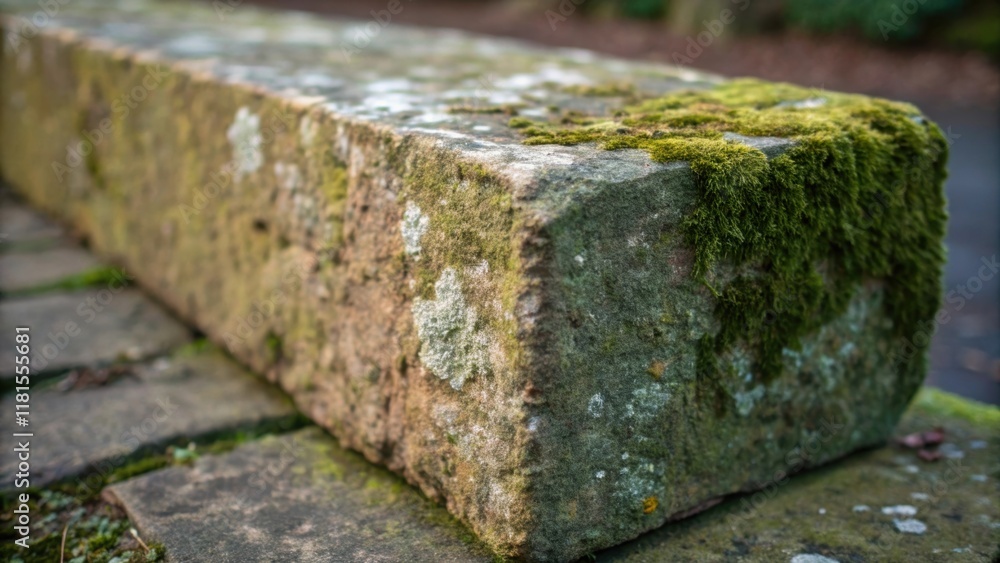 Poster An intimate shot of a single stone veneer block highlighting its weathered surface adorned with moss and lichen giving a sense of age and organic integration with the environment.
