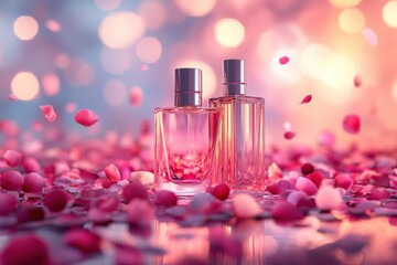 Naklejka premium Two Glass Perfume Bottles Amidst Falling Rose Petals with Blurred Bokeh Background.