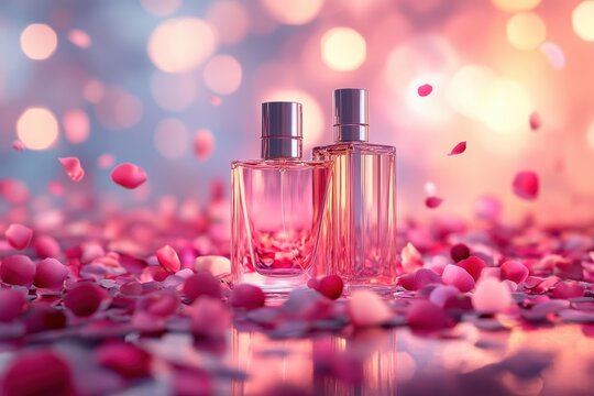 Two Glass Perfume Bottles Amidst Falling Rose Petals with Blurred Bokeh Background.