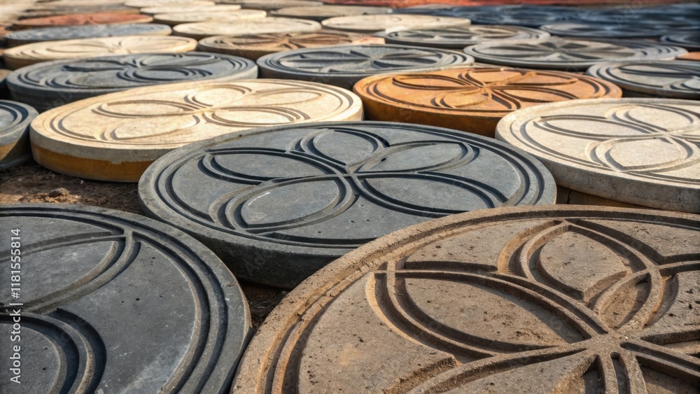 Aufkleber An intricate arrangement of circular concrete curing forms each displaying a unique pattern of wear and tear. The variations in color from dark gray to lighter hues create a mosaic