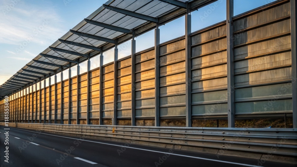 Aufkleber an intricate arrangement of noise barrier panels leaning against a sy steel frame emphasizing the in