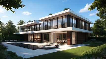 Fototapeta premium Luxury Modern Villa with Expansive Glass Windows and Poolside Patio Area : Generative AI