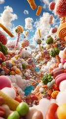 Surreal landscape of floating candy, sweets, and treats.  A whimsical, colorful dream world of sugary delights.