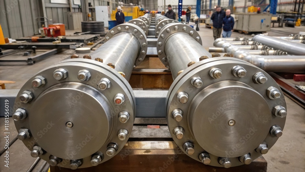 Poster an intricate ensemble of bolted joints and gaskets where two large tank segments are being assembled