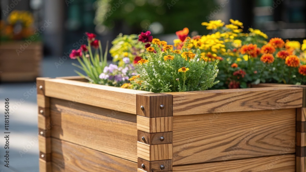 Poster An intricate closeup of a wooden modular planter box featuring a rich grain pattern and visible joinery filled with seasonal blooms in bright hues while tiny bees can be seen