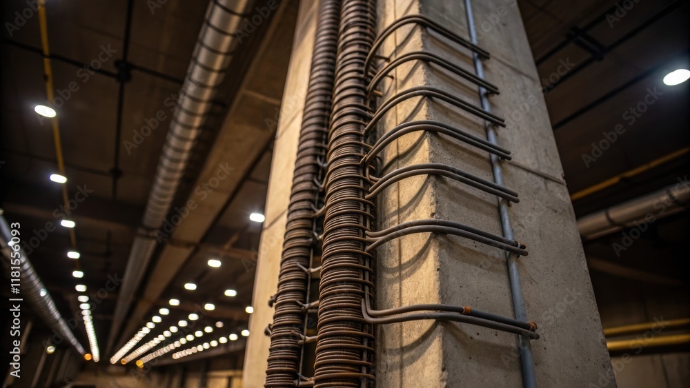 Poster An intricate mesh of electrical conduits spiraling along the side of a robust concrete pillar the cables running parallel to exposed rebar. Soft shadows dance across the rugged