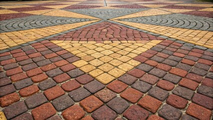 Fototapeta premium An intricate layout of colorful cobblestones arranged in a geometric pattern featuring rich reds earthy browns and warm yellows. The stones are slightly uneven creating a tactile