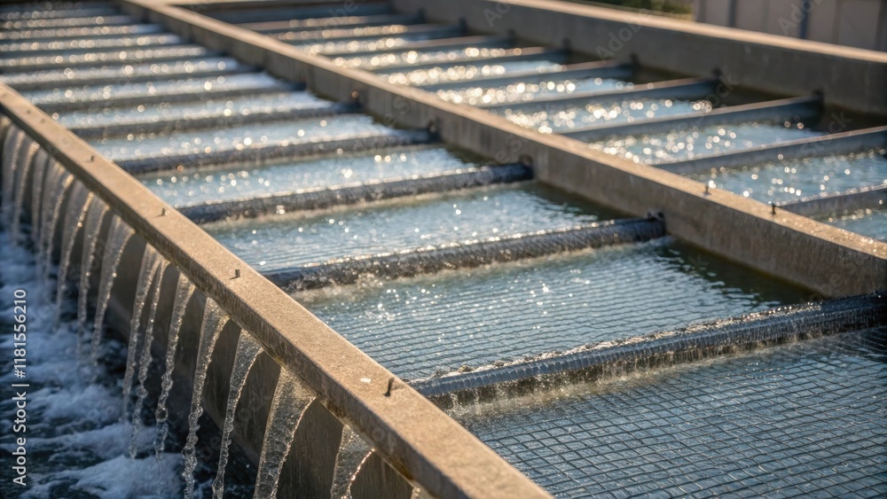 Poster an intricate view of a water treatment facilitys filtration system. layered mesh screens are arrange