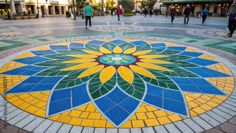 Poster an intricate view of pavers with a mosaic design featuring bright blues yellows and greens. the vibr