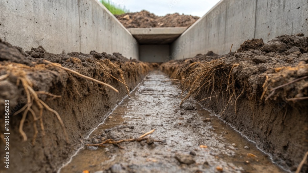 Poster an intricate view of the interior of a concrete stormwater channel shows the accumulation of sedimen