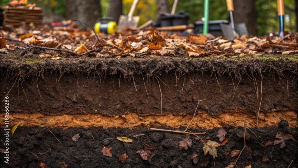 Poster an intricate view of vibrant dark soil layered with fallen leaves and twigs ped within the pile of e