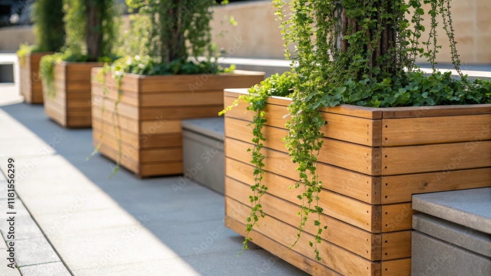 Aufkleber An intricate view of wooden modular planter boxes their natural grains highlighted by the sunlight featuring a mix of trailing vines cascading over the edges creating a soft