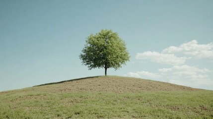 Fototapeta premium A flourishing green tree on a gentle hill, surrounded by soil and grass under a minimalist sky