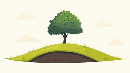A flourishing green tree on a gentle hill, surrounded by soil and grass under a minimalist sky