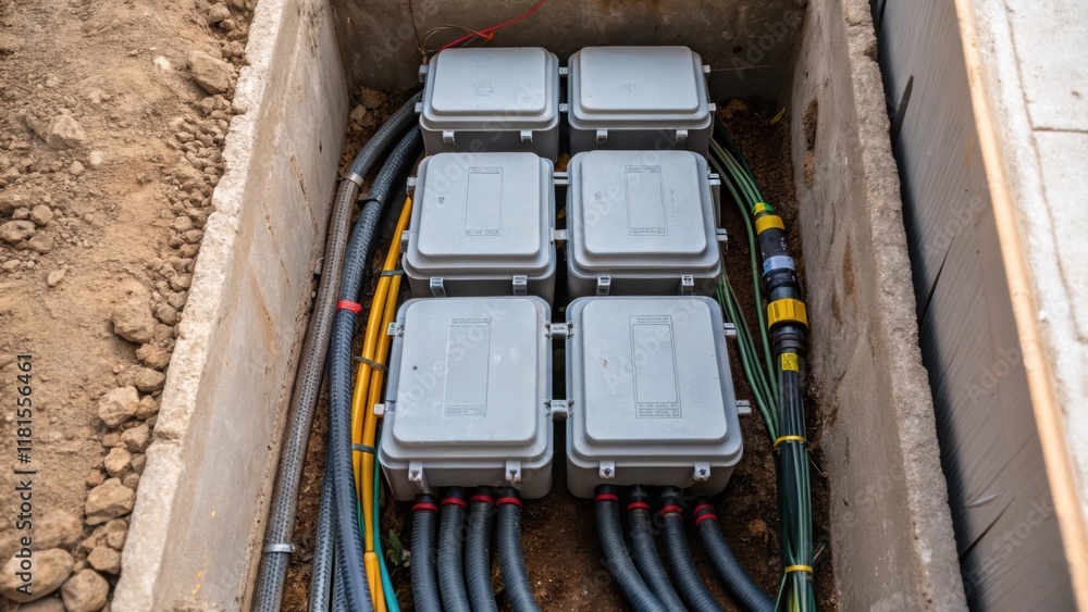 Poster An overhead angle reveals several junction boxes stacked within a narrow trench their plastic casings reflecting the soft light filtering from above. A glimpse of tangled cables