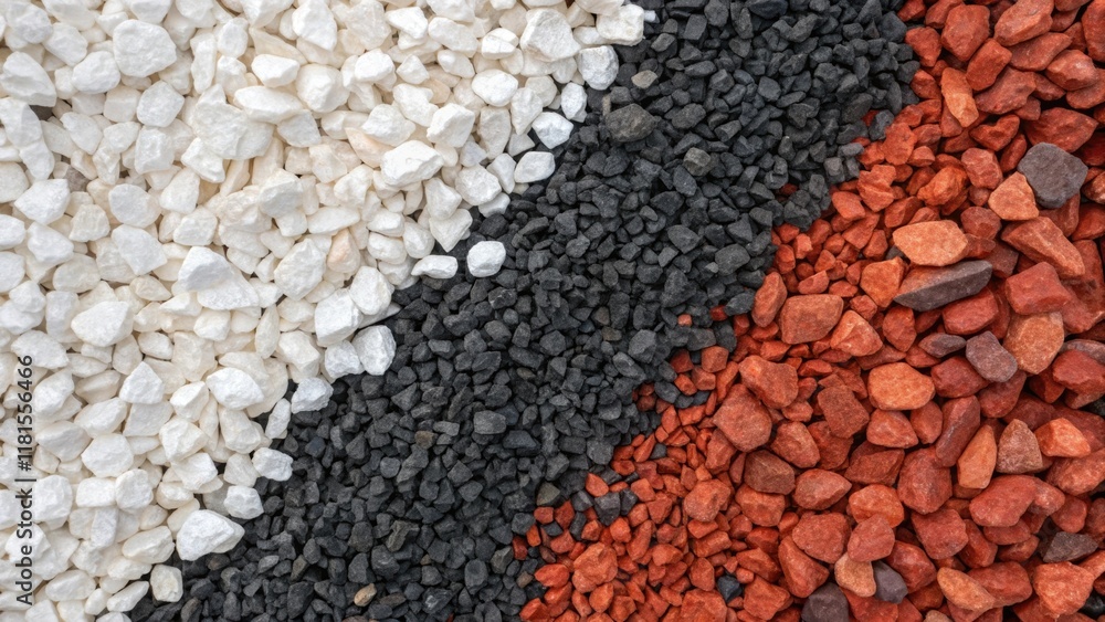 Aufkleber An overhead angle capturing crushed stone in a vibrant mix of colors. Bright whites deep blacks and subtle reds intermingle creating an abstract pattern reminiscent of a painters