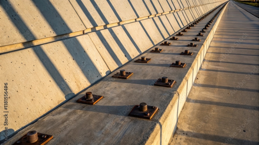 Poster an overhead angle revealing a row of anchor plates aligned in perfect symmetry along a concrete reta