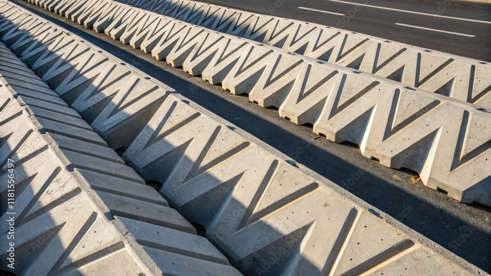 Aufkleber An overhead angle reveals a series of precast concrete crash barriers arranged in a zigzag pattern with each segment slightly elevated from the ground. The deep grooves in each