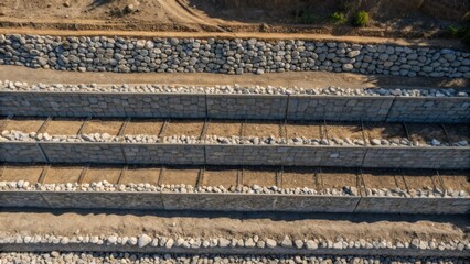 An overhead angle showcases a neatly stacked series of geotextile layers each secured with heavy stones. The shadows cast by uneven terrain reveal the depth of the retaining wall