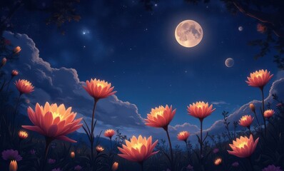 Vibrant flowers under a moonlit sky