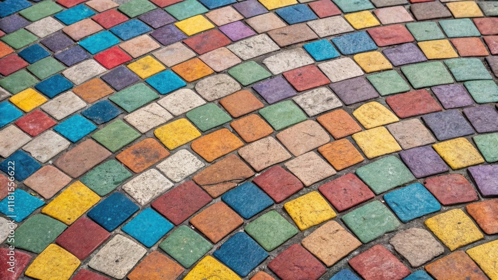 Poster An overhead closeup of a tessellated design made from small square tiles that form a vibrant mosaic pattern. Each tile is a different color creating a lively patchwork effect that