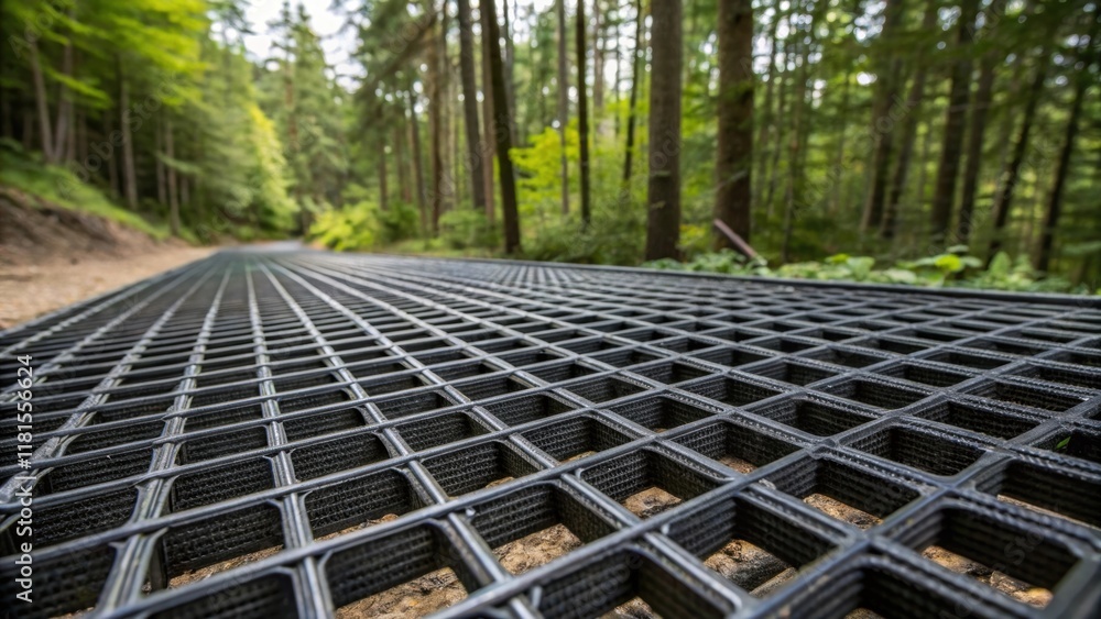 Aufkleber An overhead closeup shot of overlapping geogrid layers showcasing their rectangular holes that form a tight weave. The stark contrast between the vibrant forested backdrop and the