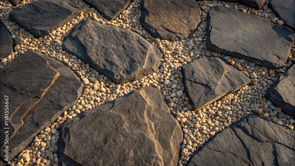 Poster An overhead detail of compacted base rock layers showcasing the play of light and shadows across the uneven surface. The large dark stones create an undulating topography while