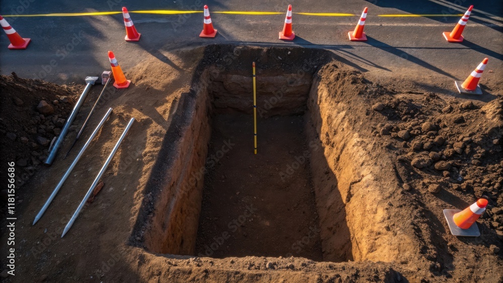 Aufkleber An overhead perspective capturing the sharp edges of a fresh trench showing the precise contouring of the earth. The sunlight glints off metallic tools resting on the side while