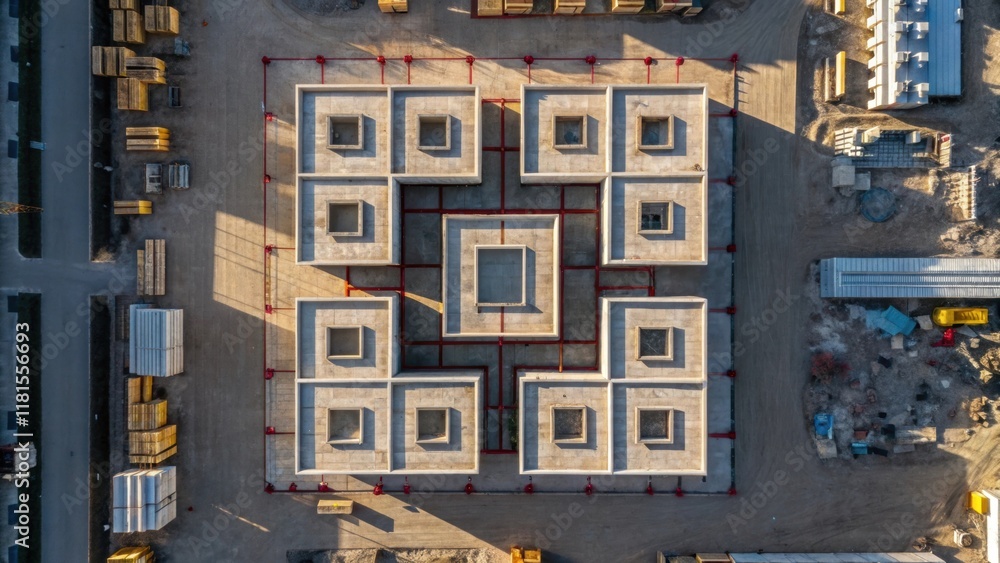 Poster An overhead perspective capturing the patterned layout of the modular blocks revealing their interlocking design. The play of light and shadow creates a visually striking geometry