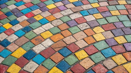 An overhead closeup of a tessellated design made from small square tiles that form a vibrant mosaic pattern. Each tile is a different color creating a lively patchwork effect that