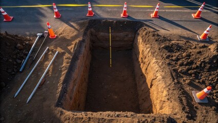 An overhead perspective capturing the sharp edges of a fresh trench showing the precise contouring of the earth. The sunlight glints off metallic tools resting on the side while