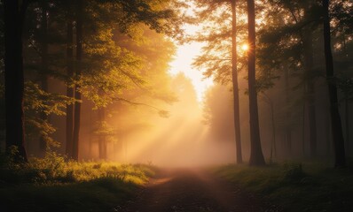 Serene forest path at sunrise