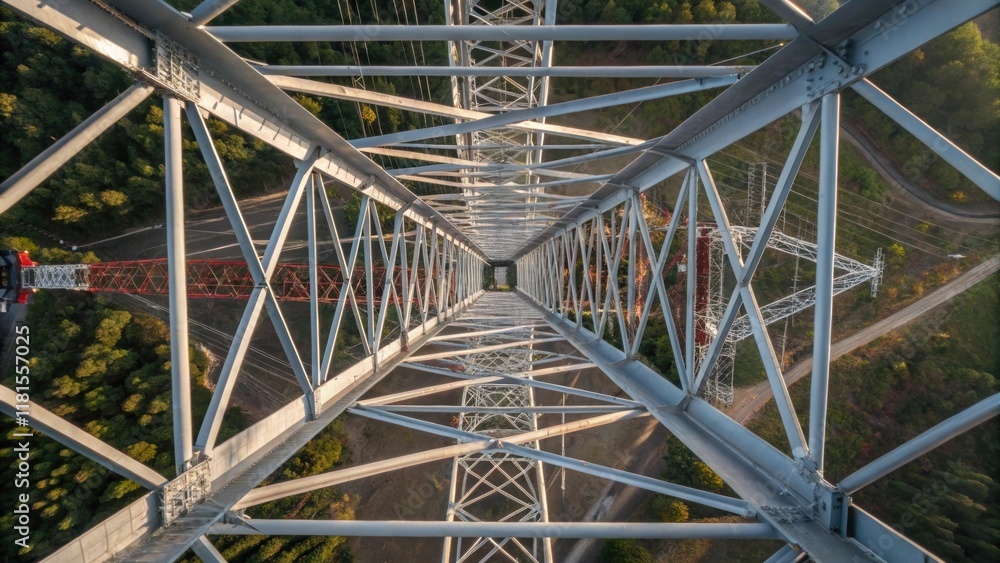 Aufkleber An overhead shot captures the intricate web of steel cables and frames where the interlocking components form the skeleton of a communication tower