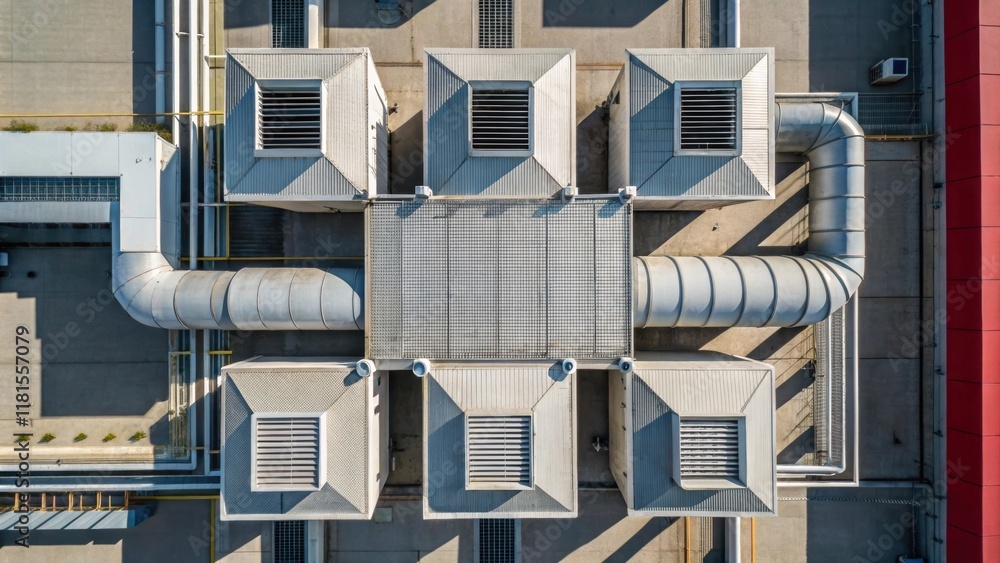 Poster An overhead shot focused on the intricate array of interlocking modules displaying a harmonious blend of concrete and steel. Vents and air ducts are visibly integrated into the