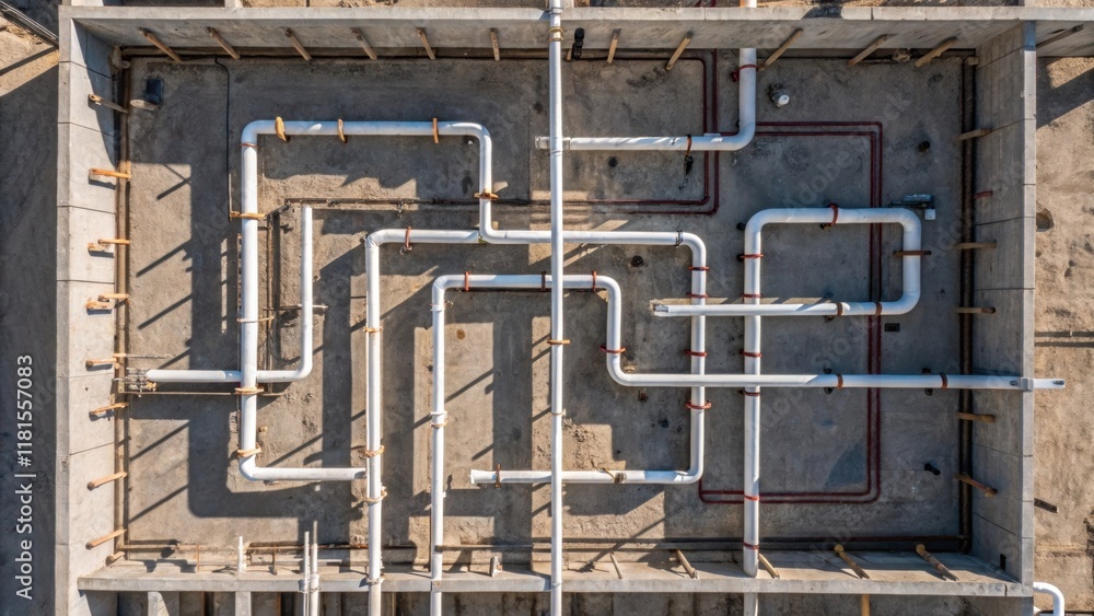 Aufkleber An overhead shot capturing a seamless transition between raw concrete and a maze of plumbing connecting various sections of the foundation. The interplay of light and shadow forms
