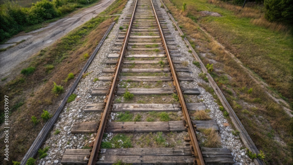Poster An overhead shot capturing the ties of a railway line with weathered wood showing signs of wear and age interspersed with tered gravel and small patches of grass peeking through.