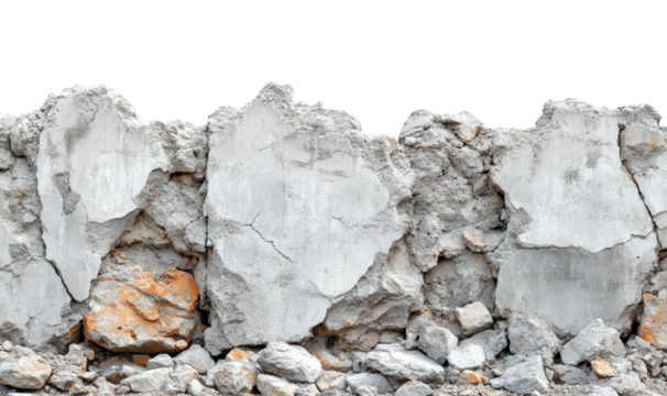 Horizontal section of cracked concrete wall with orange rust stains, rugged construction debris and demolition material concept isolated on transparent background