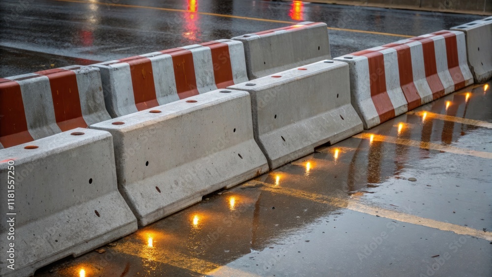 Aufkleber An overhead shot focus on a series of concrete barriers with a thin layer of rain pooling in their shallow indentations. The reflections of overhead work lights shimmer on the wet