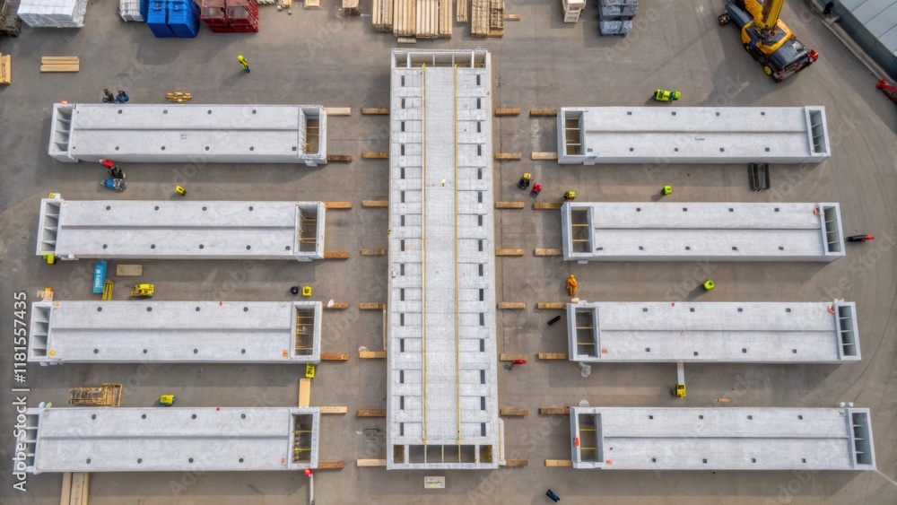 Poster An overhead shot reveals halfassembled precast segments with temporary support structures beneath them. The meticulous arrangement of these components suggests a sophisticated