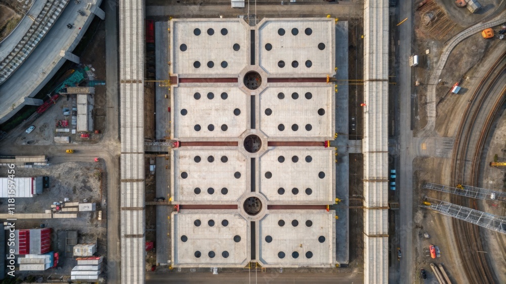 Poster An overhead view captures the geometric layout of the stored viaduct sections with each piece varying slightly in design. Some sections have circular drainage holes visible on the