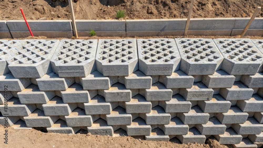Aufkleber An overhead view capturing interlocking blocks being setup as part of a retaining wall system. The precision of the stacked blocks with geometric shapes and clean lines reveals