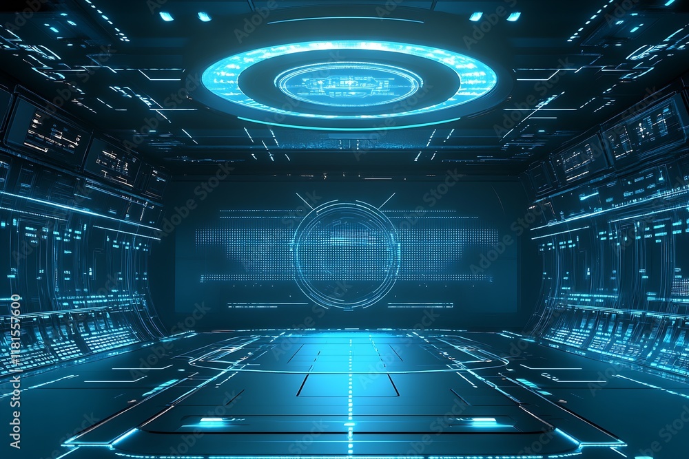 Poster futuristic digital environment with holographic display and neon blue lights : generative ai