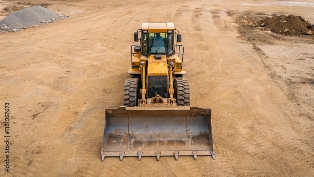 Aufkleber an overhead view of a bulldozer parked on a flat expanse of dirt with its massive metal blade angled