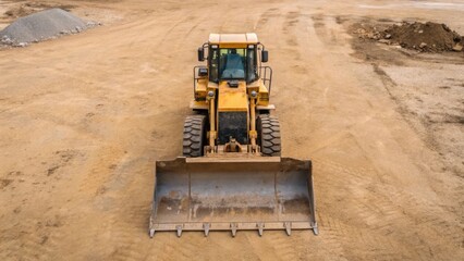 An overhead view of a bulldozer parked on a flat expanse of dirt with its massive metal blade angled downward ready for action. The gritty surface beneath emphasizes the powerful