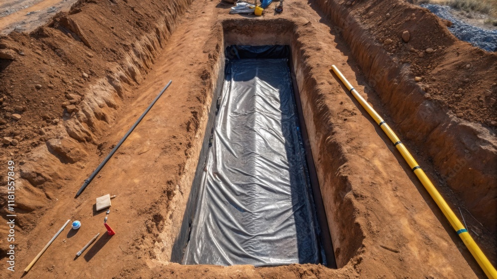 Poster an overhead view of an underconstruction drainage system featuring a trench lined with geotextile fa