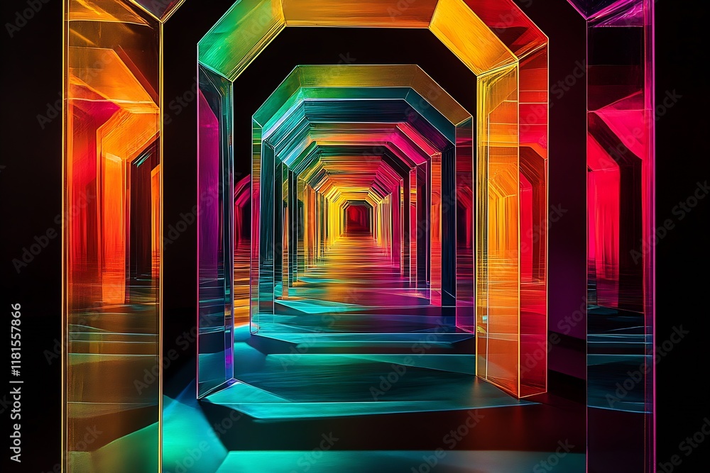 Poster vibrant psychedelic tunnel of multicolored neon lights : generative ai
