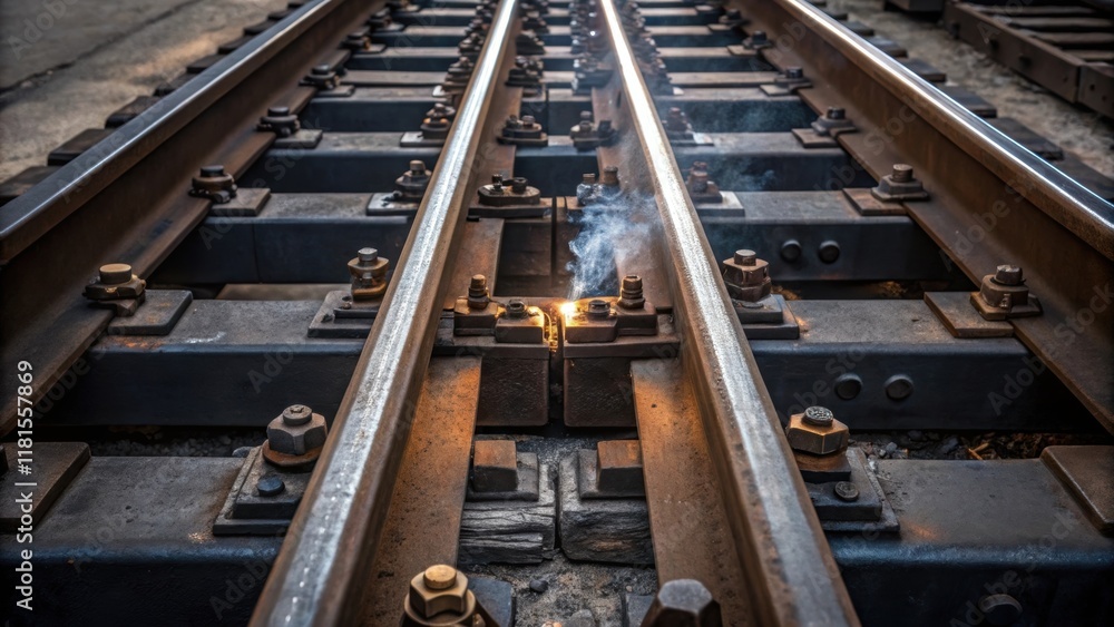 Aufkleber An overhead view of an industrial rail joint featuring the interlocking plates and bolts that secure the tracks together. The focus is on the precision alignment of the joint with