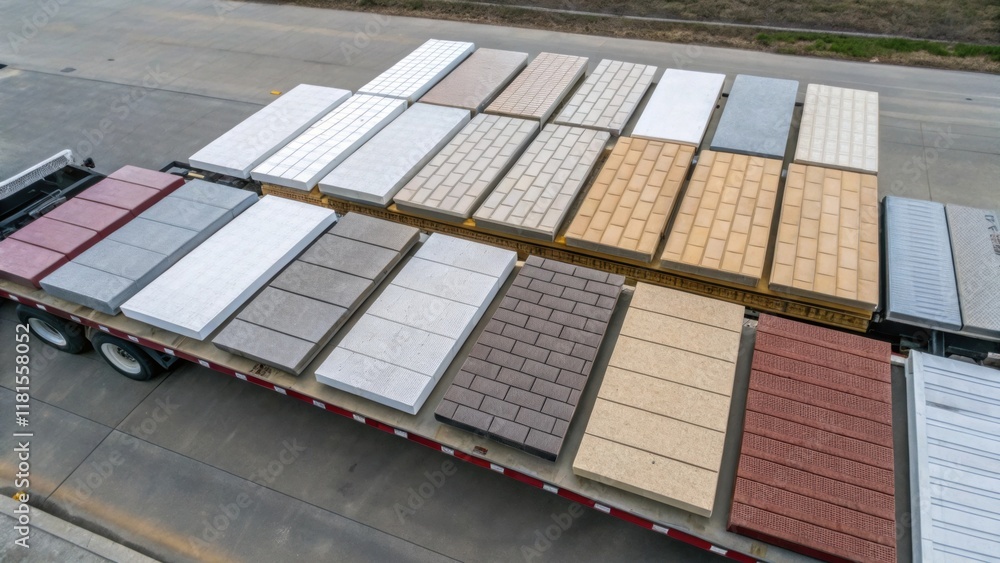 Poster An overhead view of precast cladding panels lined up on a trailer ready for transportation. The panels with varying finishes and colors form a patchwork of textures that reflects