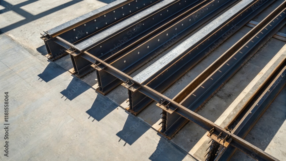 Poster an overhead view of steel beams stacked in a staggered arrangement showcasing their meticulously ali
