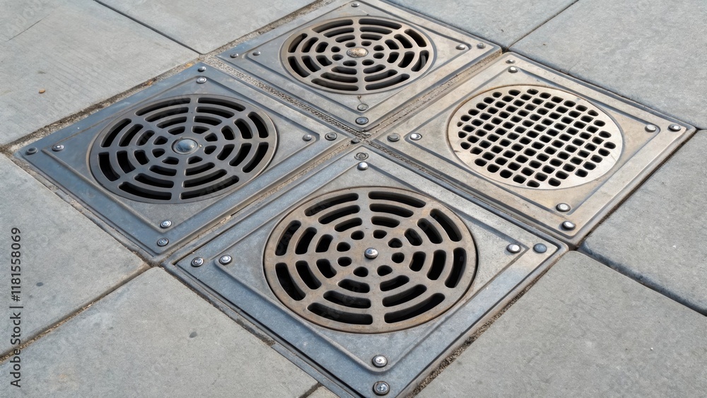 Aufkleber An overhead view of several preformed metal drain grates positioned in a geometric arrangement. Each grate features a unique mesh design showcasing various hole sizes that indicate